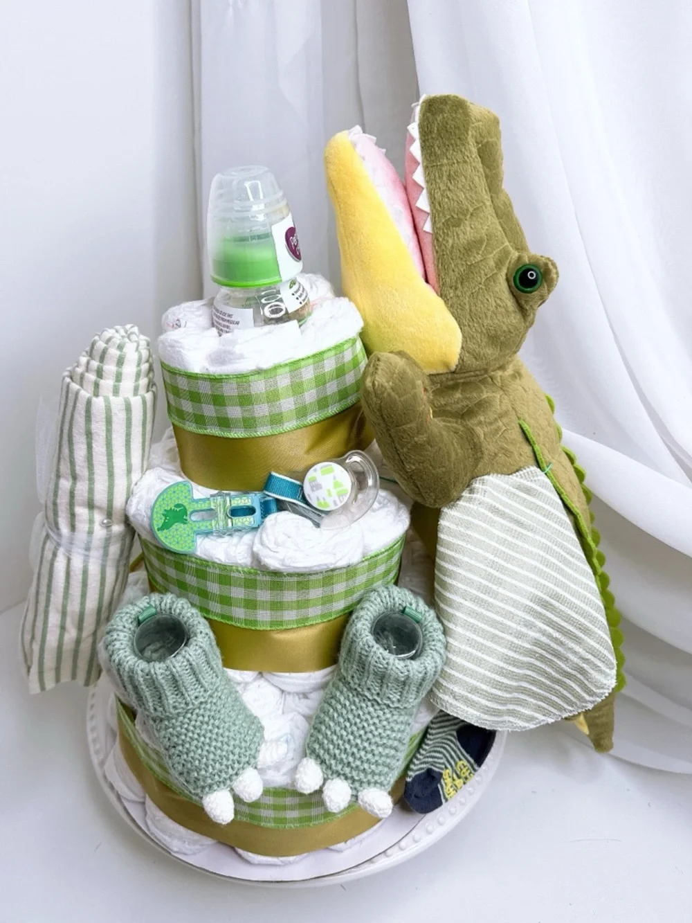 Green & White Alligator Baby Gift Set - Plush Crocodile + Essentials